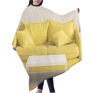Personality  Yellow Couch With Cushions And White Coffee Table In Living Room Hair Cutting Cape