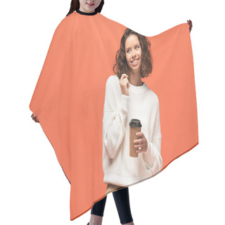 Personality  Smiling Shy Woman Holding Coffee To Go Isolated On Orange Hair Cutting Cape