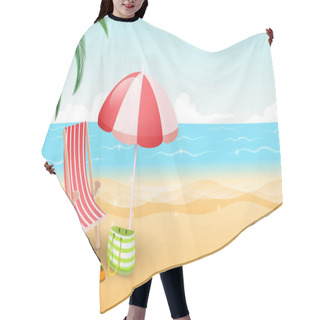 Personality  Tropical Island Resort Vector Illustration. Travelers Paradise With Sandy Beach, Blue Sea And Palm Trees. Striped Deckchair, Umbrella And Bag On Sunny Day, Seaside Vacation, Summertime Relax Hair Cutting Cape