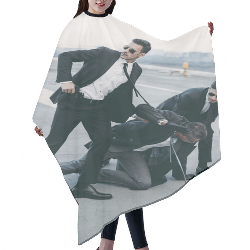 Personality  Two Bodyguards In Sunglasses Protecting Falling Businessman   Hair Cutting Cape