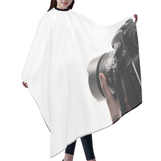 Personality  Cropped View Of Photographer Working With Digital Camera Isolated On White Hair Cutting Cape