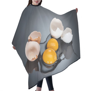 Personality  Raw Smashed Chicken Eggs With Yolks, Proteins And Eggshell On Black Background Hair Cutting Cape