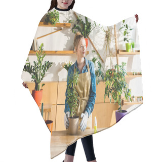 Personality  Happy Girl In Apron And Gloves Standing Near Green Plants  Hair Cutting Cape