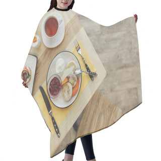 Personality  Top View Of Tasty Healthy Breakfast With Tea Set On Wooden Table   Hair Cutting Cape