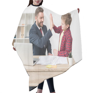 Personality  White Collar Worker With Son Hair Cutting Cape