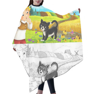 Personality  Peasant And A Cat On The Meadow Having Fun Hair Cutting Cape