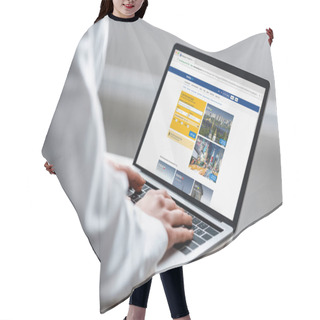 Personality  Cropped View Of Woman Using Laptop With Booking Website On Screen Hair Cutting Cape