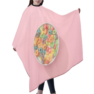 Personality  Top View Of Bright Colorful Breakfast Cereal In Bowl On Pink Background Hair Cutting Cape