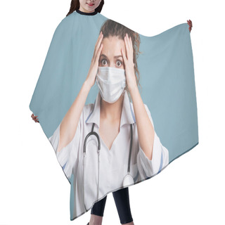 Personality  Portrait Of Shoked Woman Nurse Hair Cutting Cape