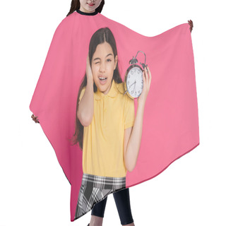 Personality  Schoolgirl Looking At Camera, Winking, Holding Vintage Alarm Clock Isolated On Pink, Back To School Hair Cutting Cape