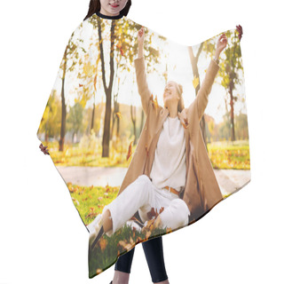 Personality  Young Woman In Park On Sunny Autumn Day, Smiling, Having Fun With Leaves. Autumn Fashion. Lifestyle. Relax, Nature Concept. Hair Cutting Cape