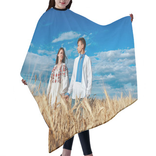 Personality  Boy And Girl On A Wheat Field In Embroidered Clothes Hair Cutting Cape