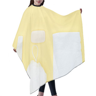 Personality  Top View Of White Toothbrush, Toothpaste, Towel, Washcloth And Soap, Isolated On Yellow Hair Cutting Cape