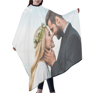 Personality  Happy Wedding Couple In Suit And White Dress Touching With Noses On Beach Hair Cutting Cape
