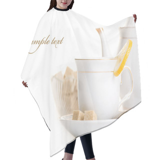 Personality  Tasty Tea With Lemon And Sugar Isolated Over White Hair Cutting Cape