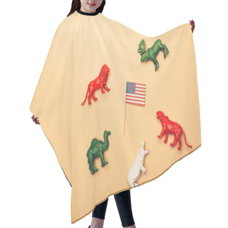 Personality  Top View Of Toy Animals With American Flag On Yellow Background, Animal Welfare Concept Hair Cutting Cape