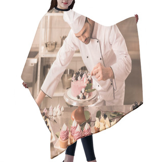 Personality  Portrait Of Confectioner Decorating Cake In Restaurant Kitchen Hair Cutting Cape