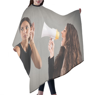 Personality  Woman With Megaphone Shouting To Another Woman Hair Cutting Cape
