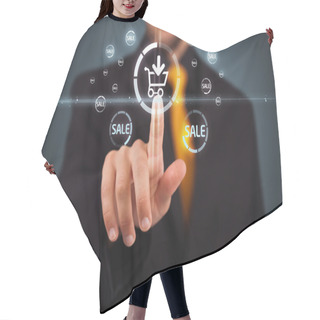 Personality  Businessman Pressing Virtual Promotion And Shipping Type Of Icon Hair Cutting Cape