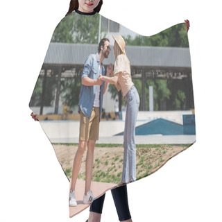 Personality  Smiling Man In Sunglasses Holding Hands Of Girlfriend Rising Longboard In Park  Hair Cutting Cape