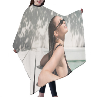 Personality  Happy Young Woman With Wet Hair And Stylish Sunglasses Sunbathing In Pool Hair Cutting Cape