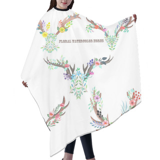 Personality  A Set With The Watercolor Horns Entwined By Flowers, Leaves And Plants Hair Cutting Cape
