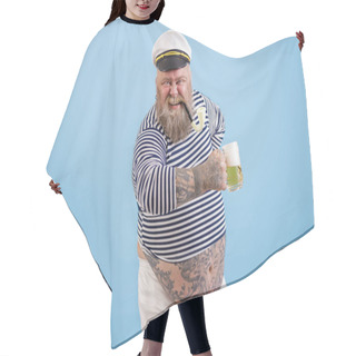 Personality  Happy Plus Size Man In Sailor Suit Holds Delicious Beer On Light Blue Background Hair Cutting Cape