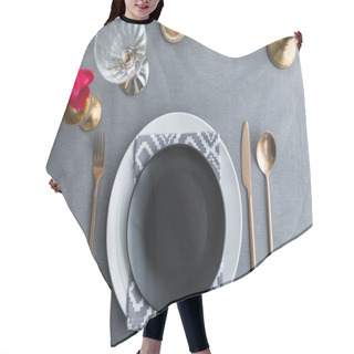 Personality  Top View Of Black Empty Plate, Napkin And Old Fashioned Tarnished Cutlery On Tabletop Hair Cutting Cape