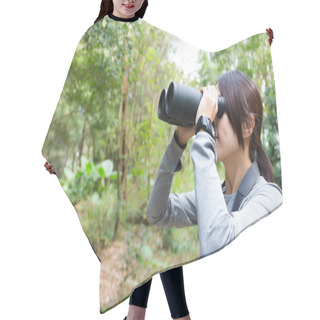 Personality  Woman Using Binoculars At Forest Hair Cutting Cape