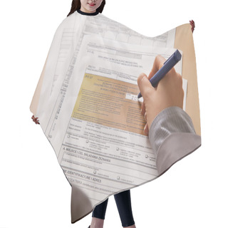 Personality  Woman Hand Filling Income Tax Forms With Calculator Hair Cutting Cape
