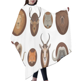 Personality  Hunting Trophies, Wild Animal Head Mount. Lion, Wolf And Grizzly Bear, Forest Deer, Mountain Ram And African Gazelle With Horns, Fox, Cape Buffalo Head On Different Shape Wooden Boards Cartoon Vector Hair Cutting Cape
