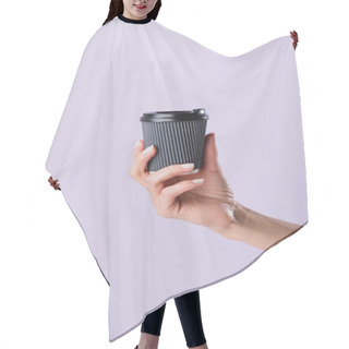 Personality  Cropped Shot Of Woman Holding Paper Cup Of Coffee To Go Isolated On Purple Hair Cutting Cape