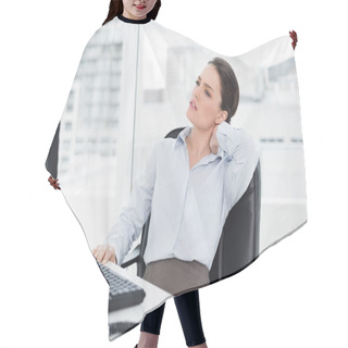 Personality  Businesswoman With Neck Pain Sitting At Desk Hair Cutting Cape