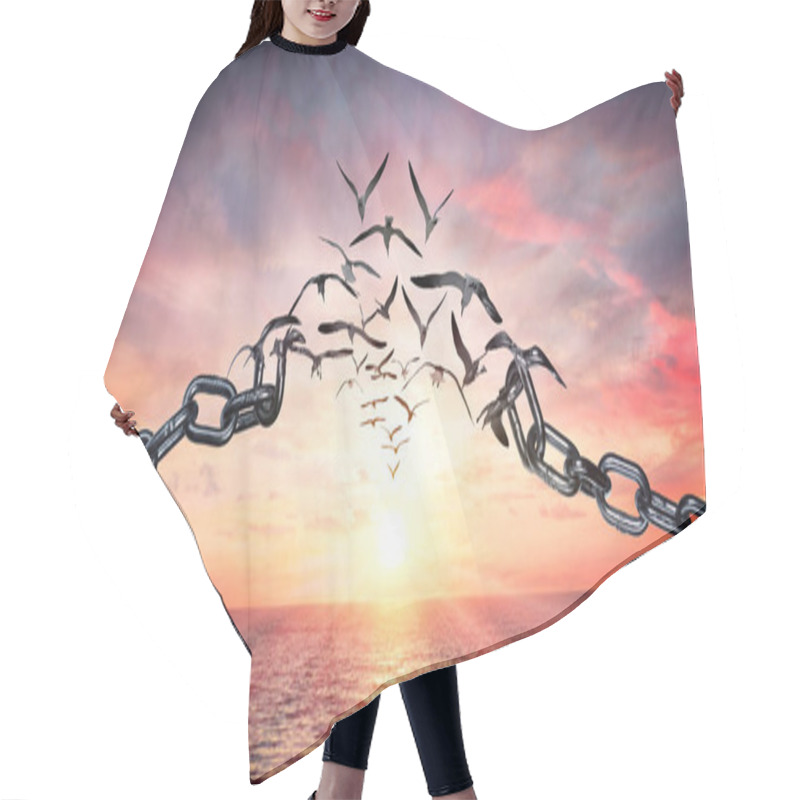 Personality  On The Wings Of Freedom - Birds Flying And Broken Chains - Charge Concept hair cutting cape