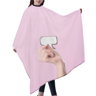 Personality  Cropped Shot Of Woman Holding Blank Speech Bubble Isolated On Pink Hair Cutting Cape
