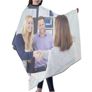 Personality  Happy Couple Shaking Hands With A Broker Hair Cutting Cape