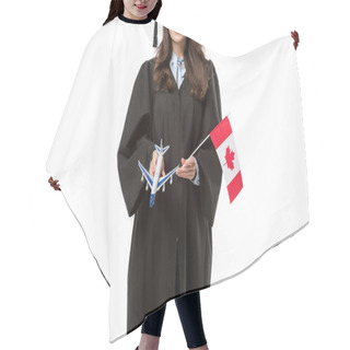 Personality  Cropped View Of Female Student In Academic Gown Holding Canadian Flag And Plane Model Isolated On White, Studying Abroad Concept Hair Cutting Cape