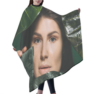 Personality  Beautiful Girl With Freckles On Face Posing With Leaves Isolated On Green Hair Cutting Cape