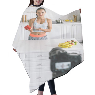 Personality  Selective Focus Of Girl Gesturing Near Girl And Fruits  Hair Cutting Cape