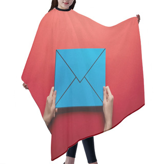 Personality  Top View Of Blue Mail Sign On Red Background Hair Cutting Cape