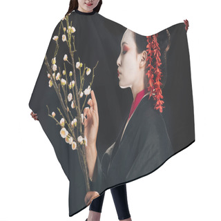 Personality  Side View Of Beautiful Geisha In Black Kimono With Red Flowers In Hair Holding Sakura Branches Isolated On Black Hair Cutting Cape