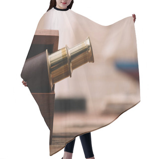 Personality  Brown And Golden Telescope In Open Wooden Box Hair Cutting Cape