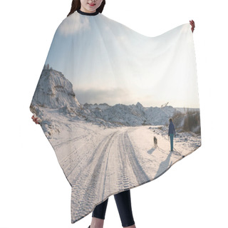 Personality  Woman And Dog Walking On Snowy Road Hair Cutting Cape