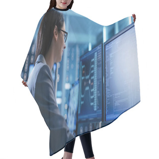 Personality  Close-up Shot Of Female IT Engineer Working In Monitoring Room.  Hair Cutting Cape