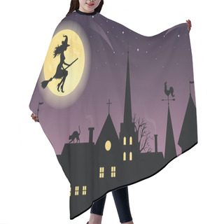 Personality  Silhouette Of A Witch On A Broom Flying Over A Town. Full Moon And Stars On The Background. Hair Cutting Cape