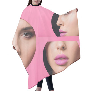 Personality  Collage Of Female Face With Smoky Eyes And Pink Lips In Round Hole In Paper  Hair Cutting Cape