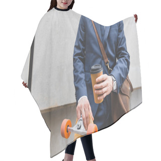 Personality  Cropped View Of Businessman In Formal Wear Standing With Skateboard And Paper Cup In Hands Hair Cutting Cape