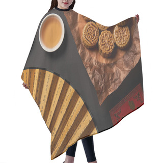 Personality  Top View Of Traditional Chinese Mooncakes With Tea And Hand Fan Isolated On Black Hair Cutting Cape