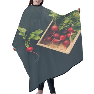 Personality  Elevated View Of Radishes In Wooden Box On Grey Dark Table Hair Cutting Cape