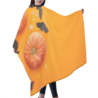 Personality  Top View Of Pumpkin, Bats And Confetti On Orange Background, Halloween Decoration Hair Cutting Cape